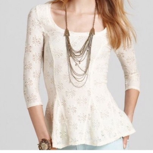 Free People Tops - Free People Sz Lg White Ivory Floral Lace Peplum